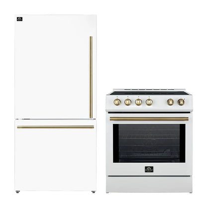 FORNO 2-Piece White Kitchen Bundle - 30" Induction Range and 31" Bottom Freezer Refrigerator - Forno Appliances