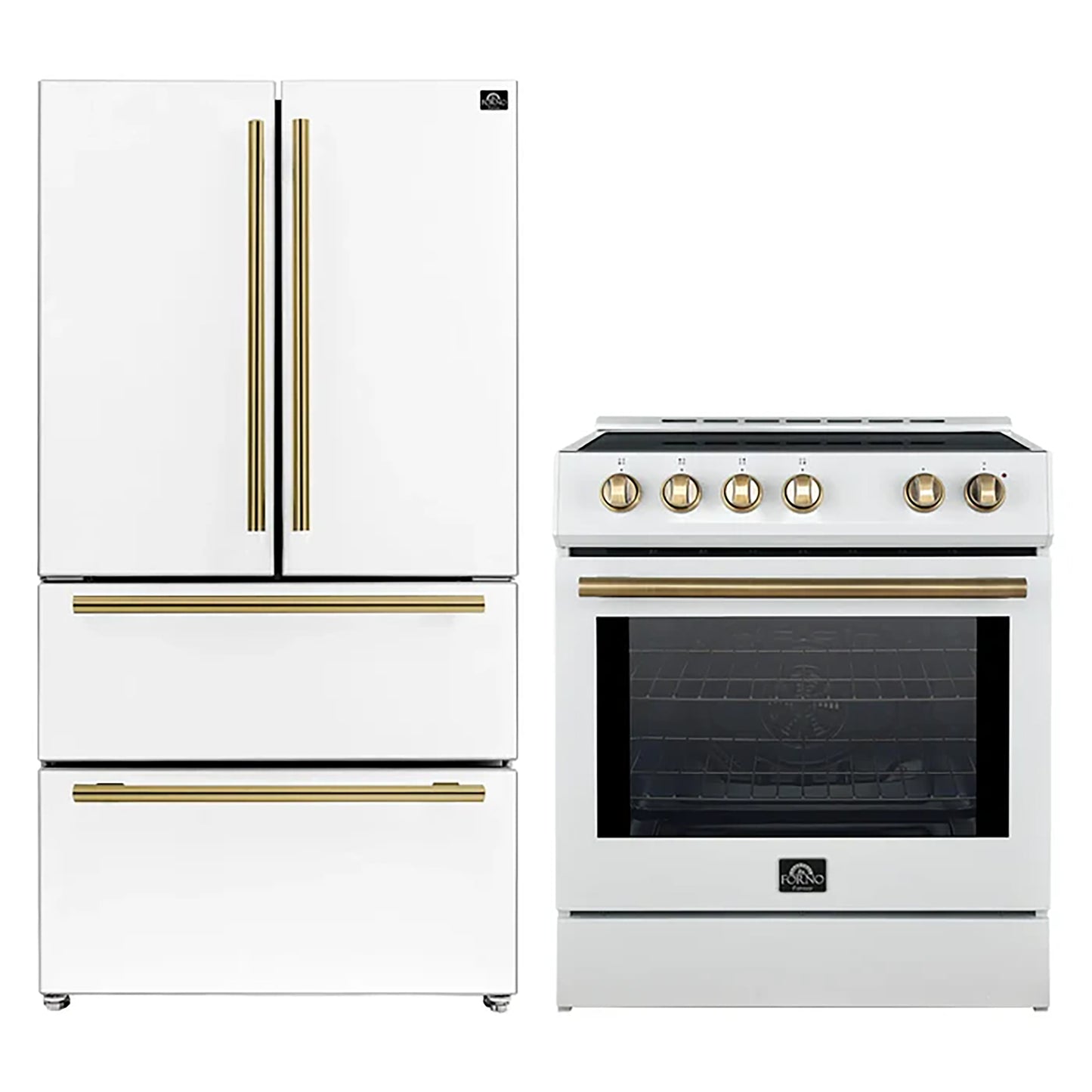 FORNO 2-Piece White Kitchen Bundle - 30" Induction Range and 36" Bottom Freezer Refrigerator - Forno Appliances
