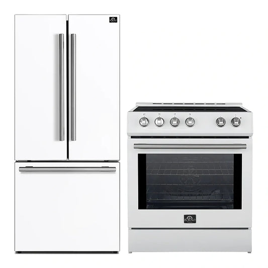 FORNO 2-Piece White Kitchen Bundle - 30" Induction Range and 31" Bottom Freezer Refrigerator - Forno Appliances
