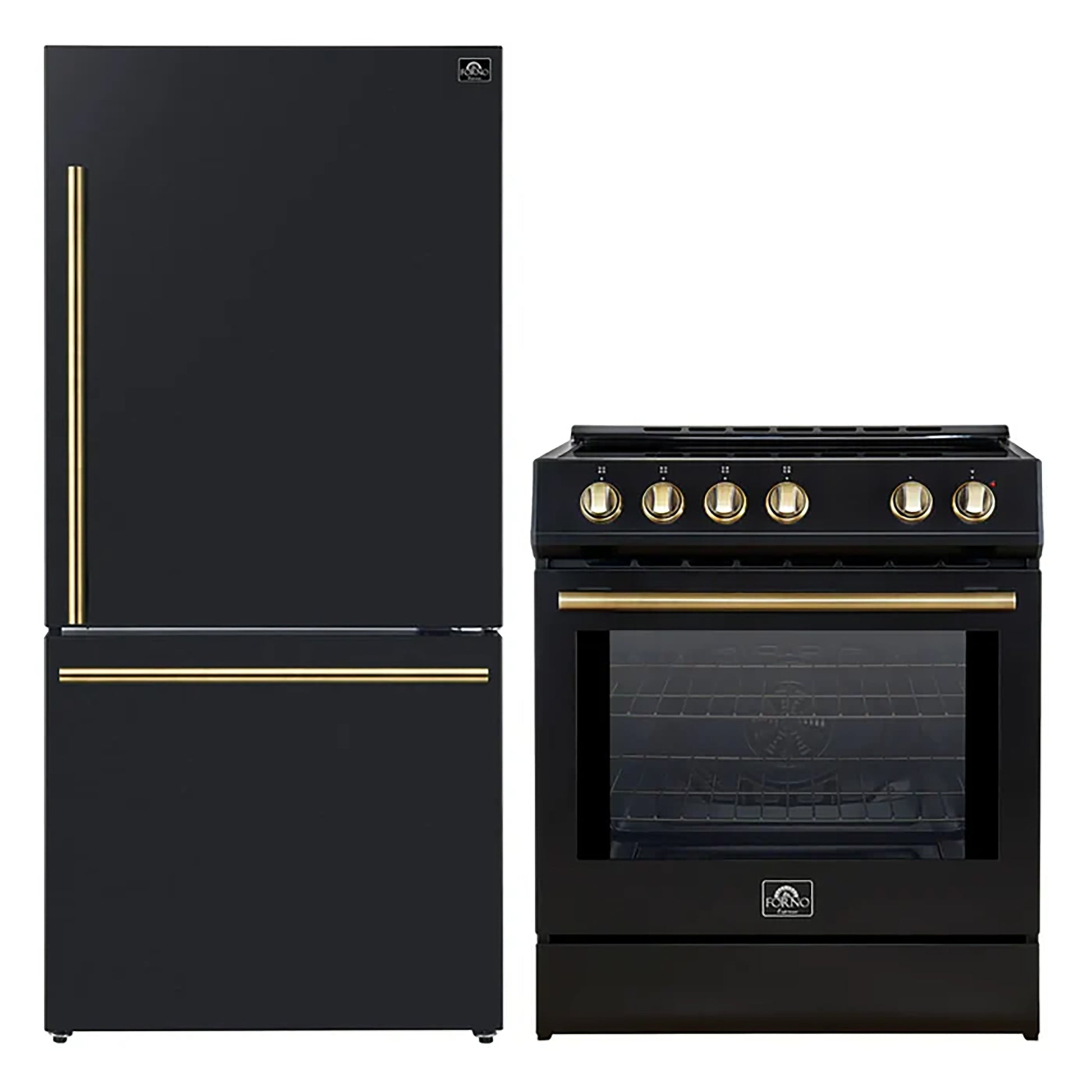 FORNO 2-Piece Black Kitchen Bundle - 30" Induction Range and 31" Bottom Freezer Refrigerator - Forno Appliances