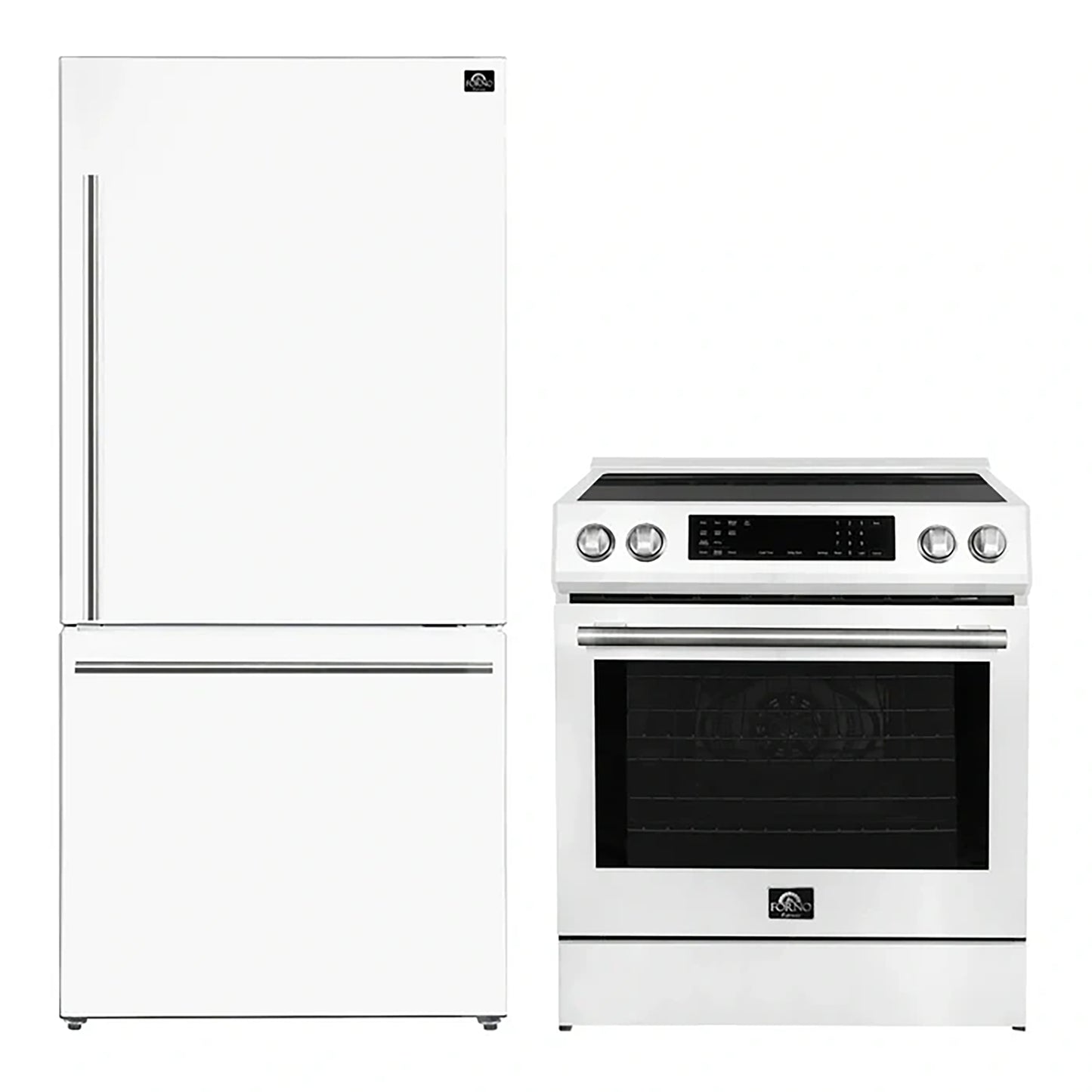 FORNO 2-Piece White Kitchen Bundle - 30" Induction Range and 31" Bottom Freezer Refrigerator - Forno Appliances