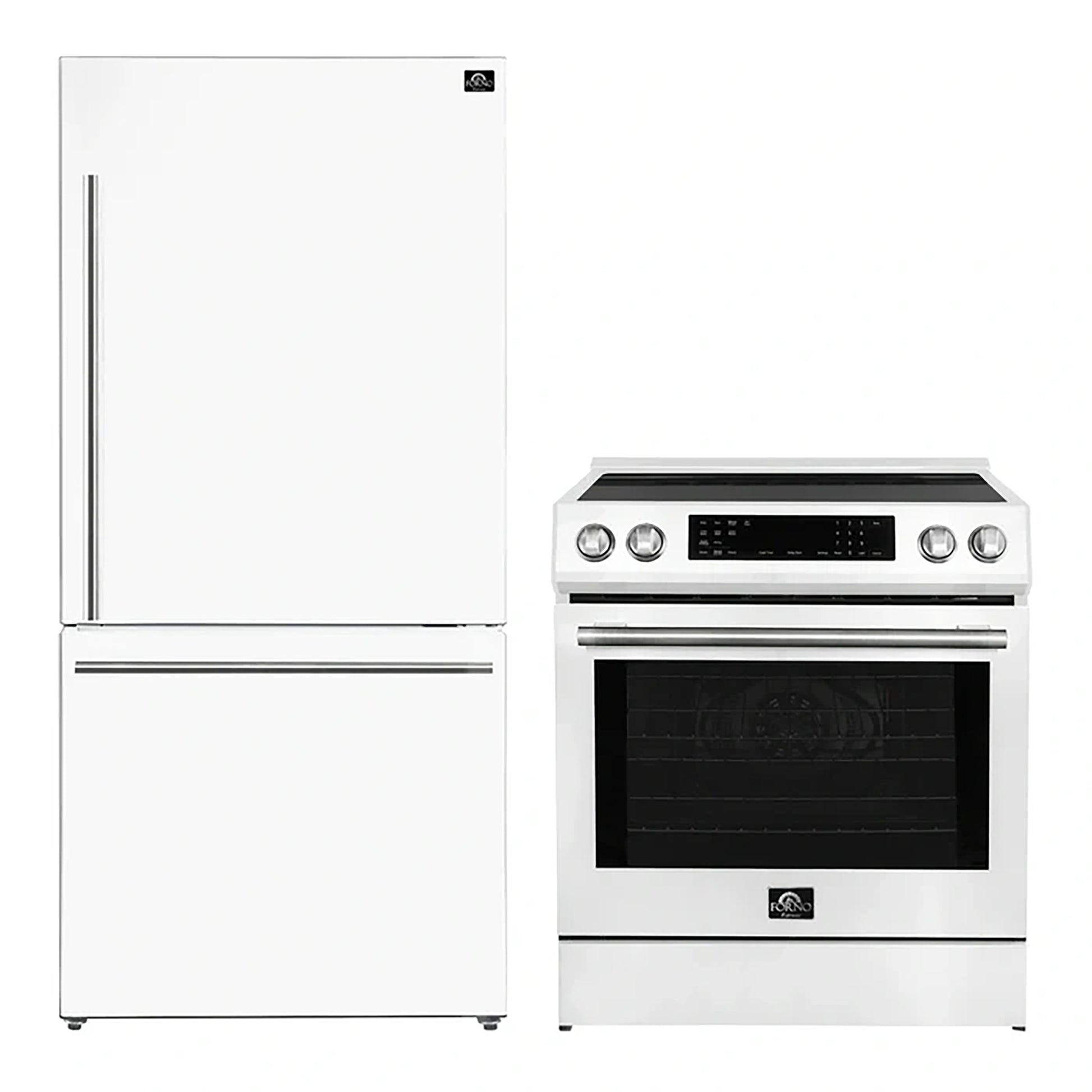 FORNO 2-Piece White Kitchen Bundle - 30" Induction Range and 31" Bottom Freezer Refrigerator - Forno Appliances