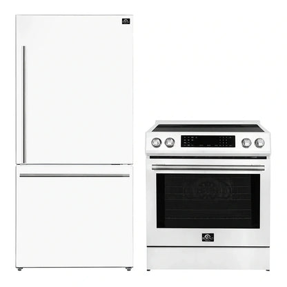 FORNO 2-Piece White Kitchen Bundle - 30" Induction Range and 31" Bottom Freezer Refrigerator - Forno Appliances