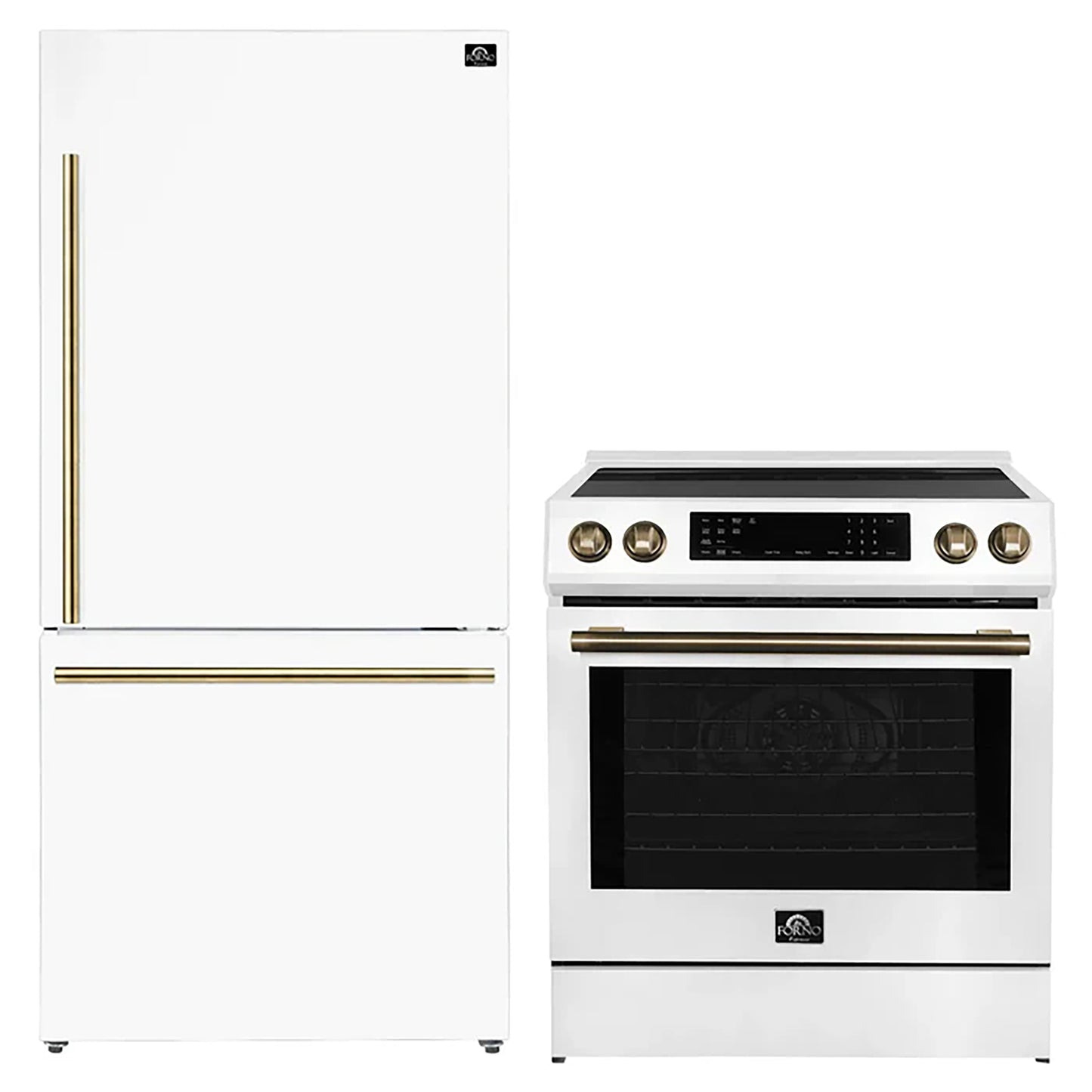 FORNO 2-Piece White Kitchen Bundle - 30" Induction Range and 31" Bottom Freezer Refrigerator - Forno Appliances