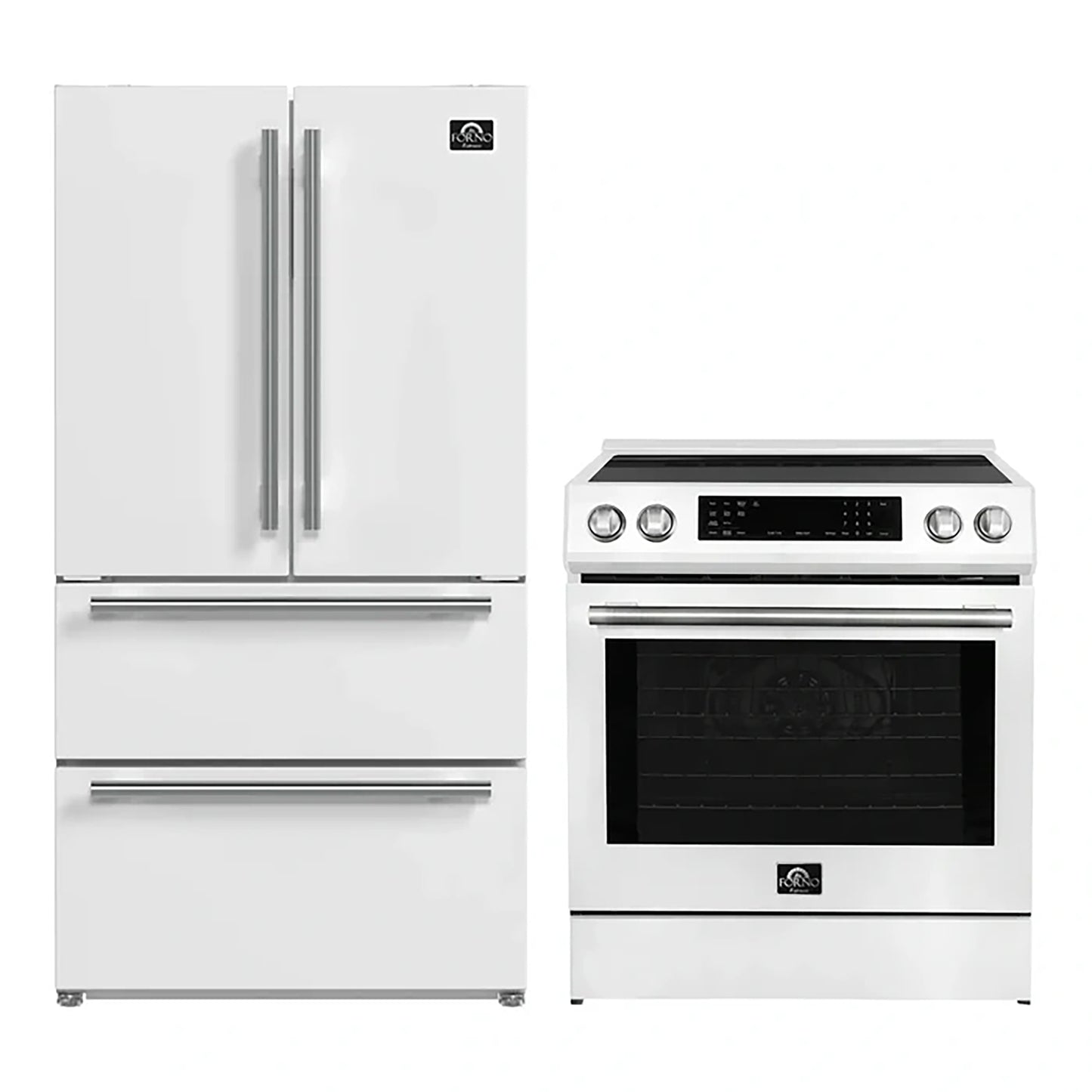 FORNO 2-Piece White Kitchen Bundle - 30" Induction Range and 36" Bottom Freezer Refrigerator - Forno Appliances