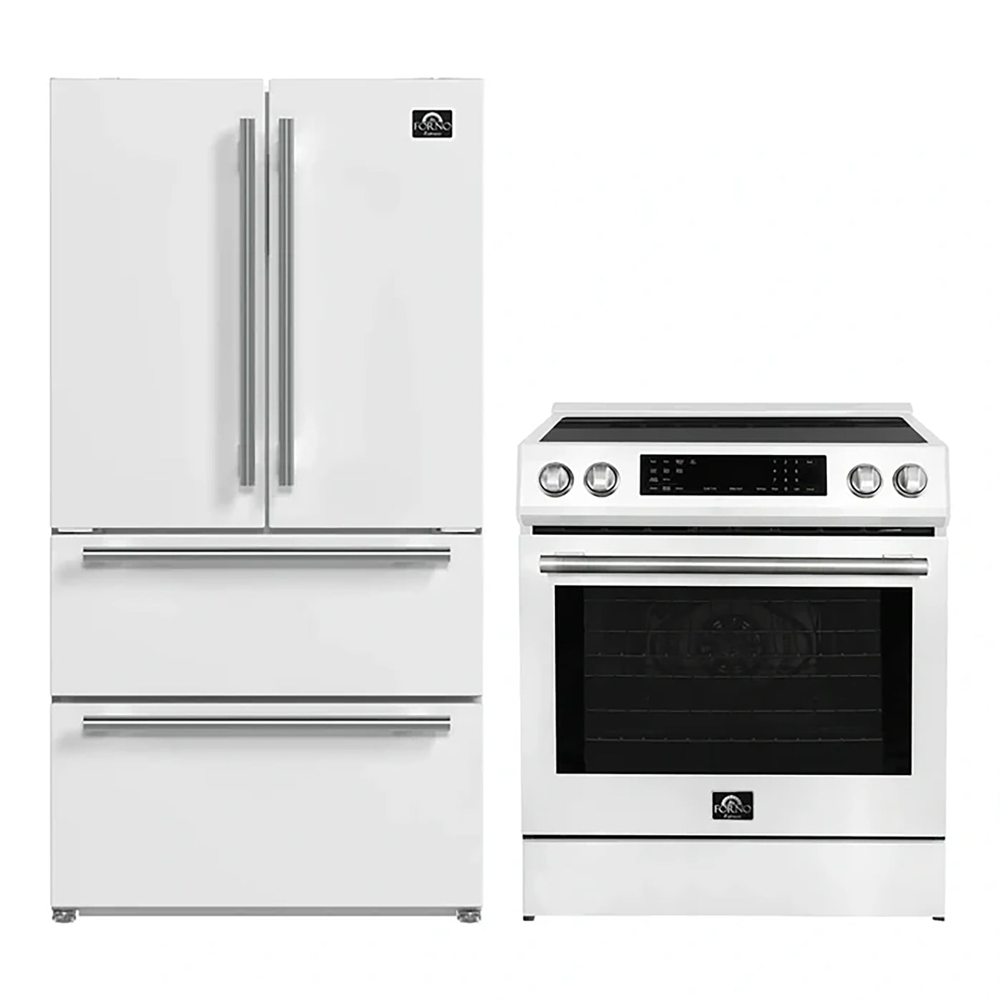 FORNO 2-Piece White Kitchen Bundle - 30" Induction Range and 36" Bottom Freezer Refrigerator - Forno Appliances