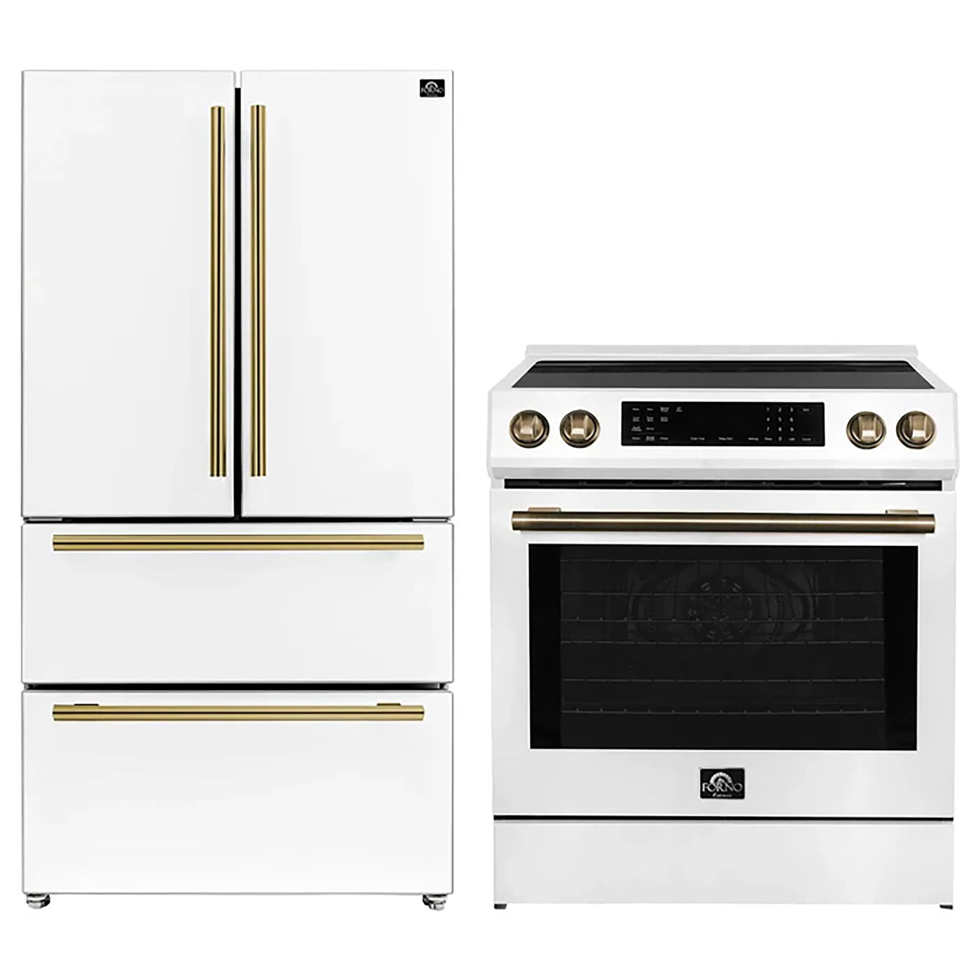 FORNO 2-Piece White Kitchen Bundle - 30" Induction Range and 36" Bottom Freezer Refrigerator - Forno Appliances