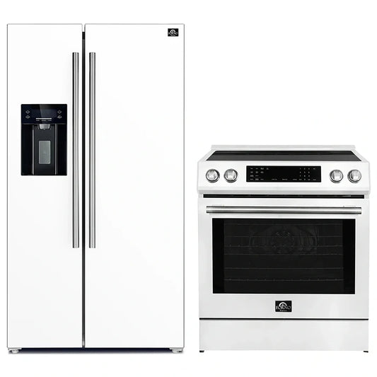 FORNO 2-Piece White Kitchen Bundle - 30" Induction Range and 36" Bottom Freezer Refrigerator - Forno Appliances