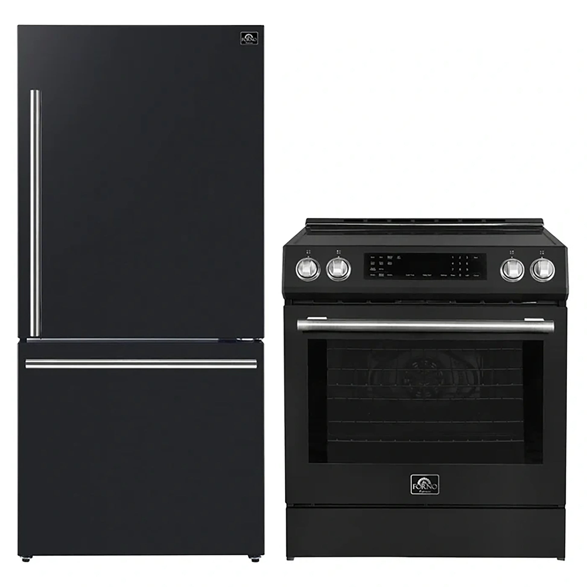 FORNO 2-Piece Black Kitchen Bundle - 30" Induction Range and 31" Bottom Freezer Refrigerator - Forno Appliances