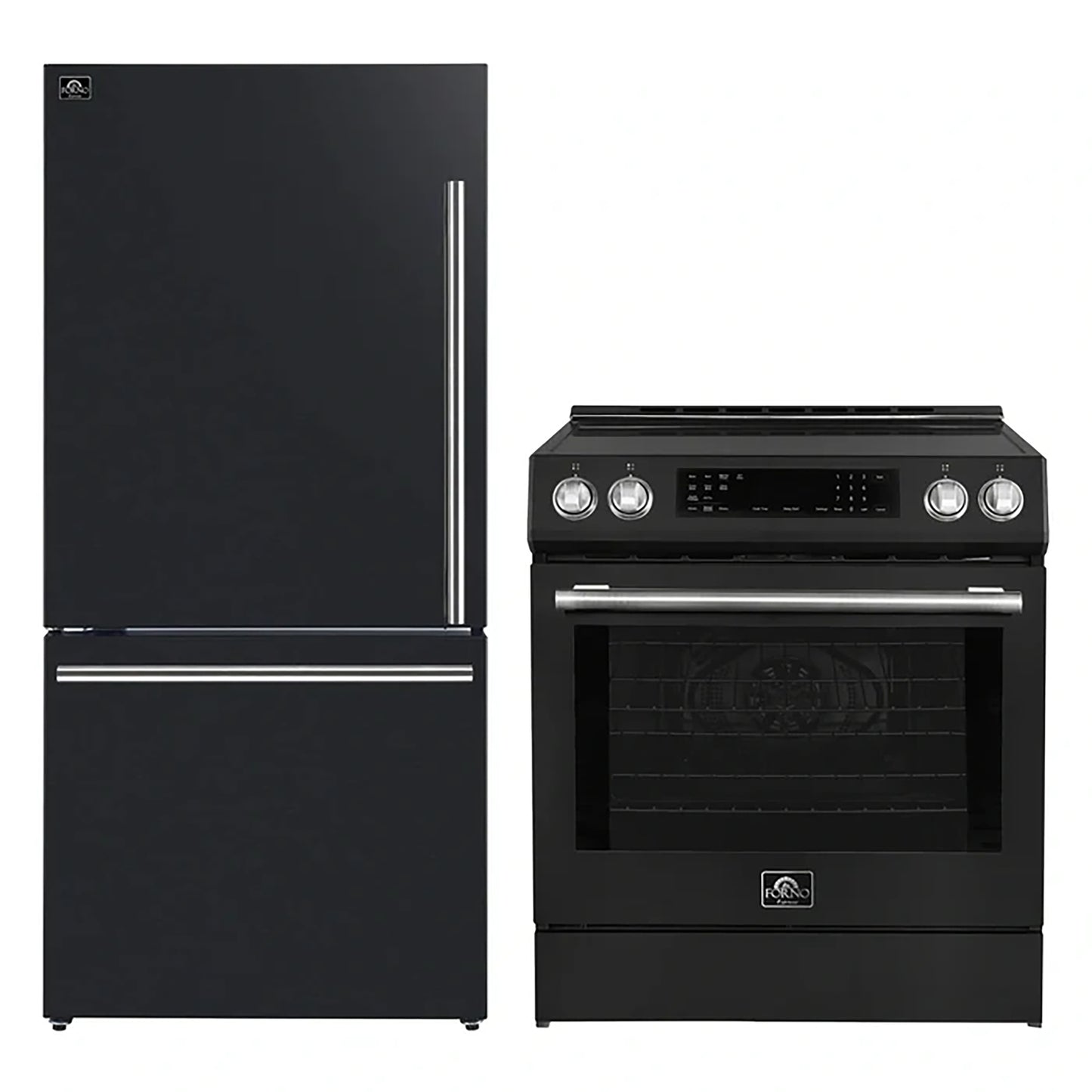 FORNO 2-Piece Black Kitchen Bundle - 30" Induction Range and 31" Bottom Freezer Refrigerator - Forno Appliances