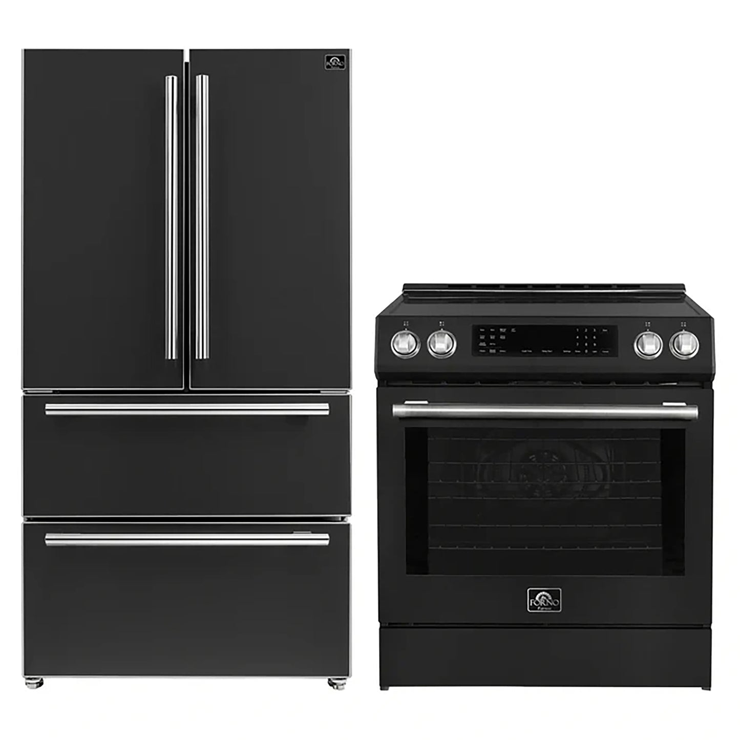 FORNO 2-Piece Black Kitchen Bundle - 30" Induction Range and 36" Bottom Freezer Refrigerator - Forno Appliances