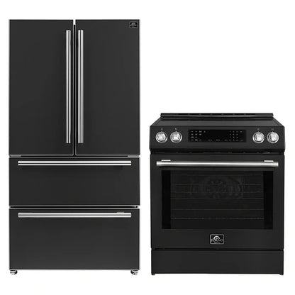 FORNO 2-Piece Black Kitchen Bundle - 30" Induction Range and 36" Bottom Freezer Refrigerator - Forno Appliances