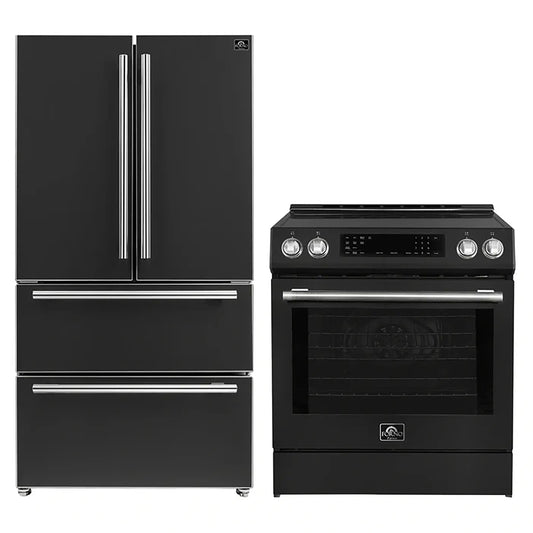 FORNO 2-Piece Black Kitchen Bundle - 30" Induction Range and 36" Bottom Freezer Refrigerator - Forno Appliances