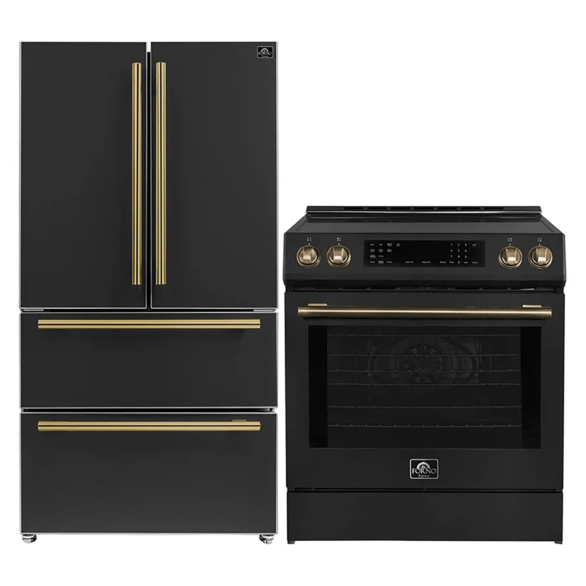FORNO 2-Piece Black Kitchen Bundle - 30" Induction Range and 36" Bottom Freezer Refrigerator - Forno Appliances
