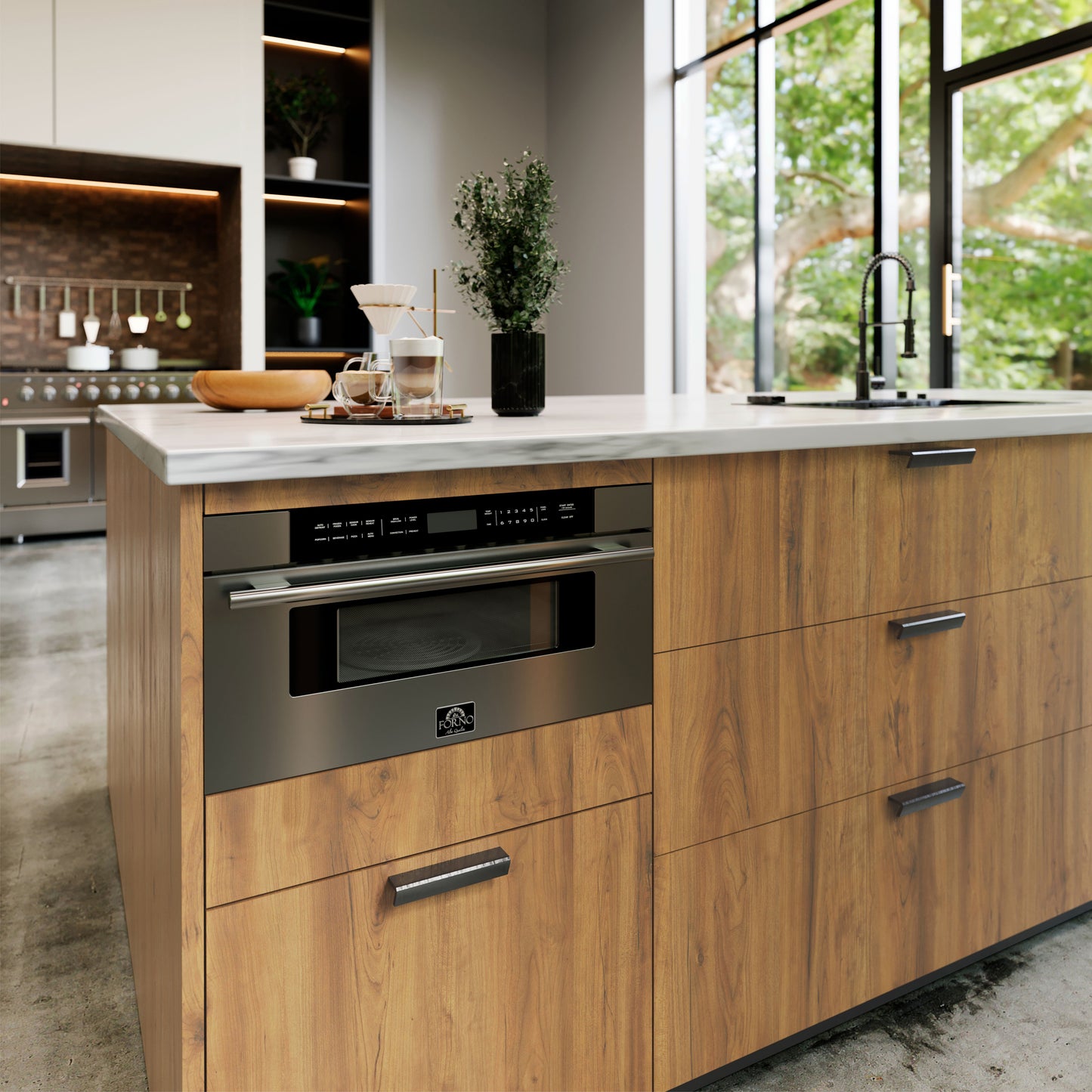 Microondas de cajón Forno Capoliveri de 30 pulgadas, acero inoxidable, 1.2 pies cúbicos, 1000 vatios, integrado, pantalla LCD táctil, apertura y cierre automáticos, 11 niveles de potencia, cocción con sensor