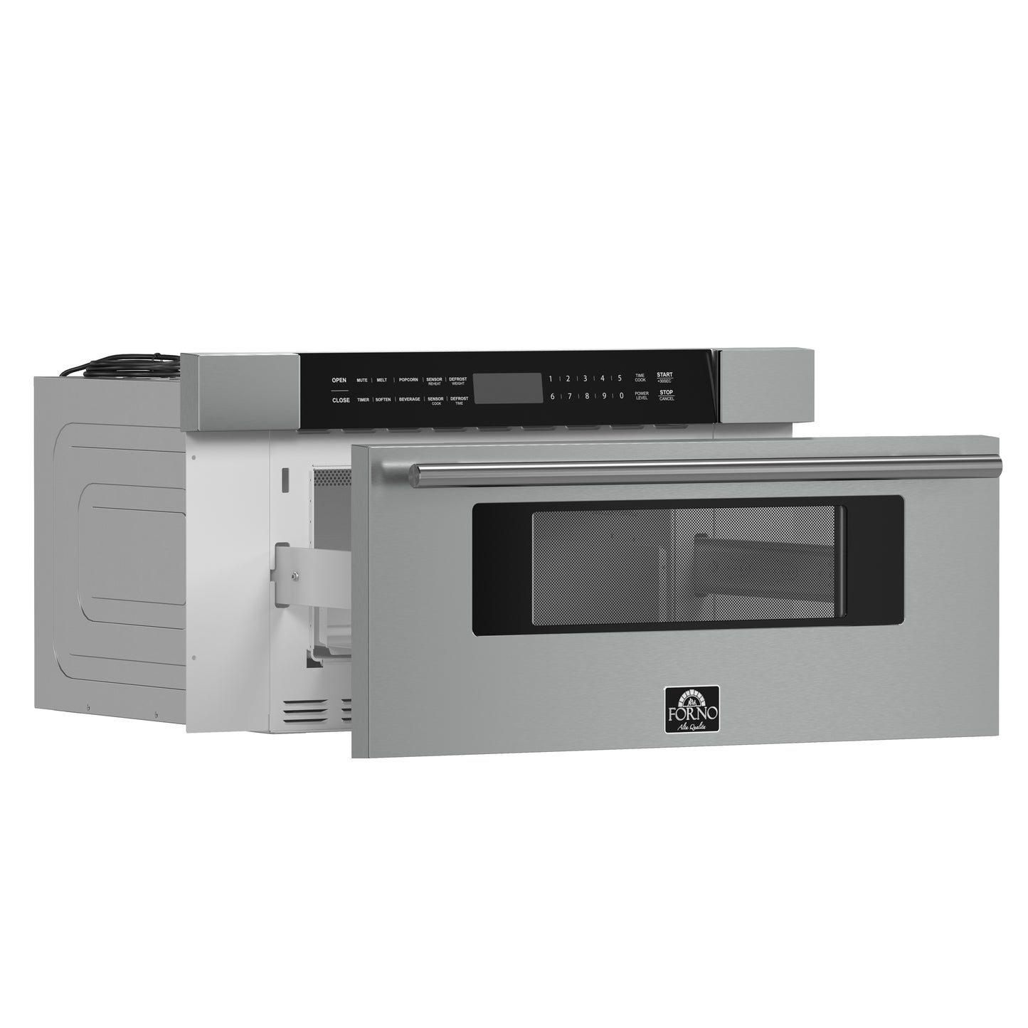 Microondas de cajón Forno Capoliveri de 30 pulgadas, acero inoxidable, 1.2 pies cúbicos, 1000 vatios, integrado, pantalla LCD táctil, apertura y cierre automáticos, 11 niveles de potencia, cocción con sensor