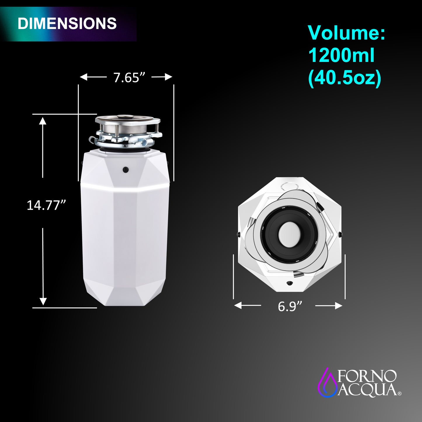 Triturador de basura ultra silencioso FORNO ACQUA BrightDIAMOND Moonstone de 1 HP con cable, sensor de movimiento, luz de gabinete e interruptor de aire precableado