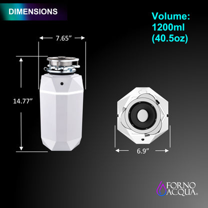 Triturador de basura ultra silencioso FORNO ACQUA BrightDIAMOND Moonstone de 1 HP con cable, sensor de movimiento, luz de gabinete e interruptor de aire precableado