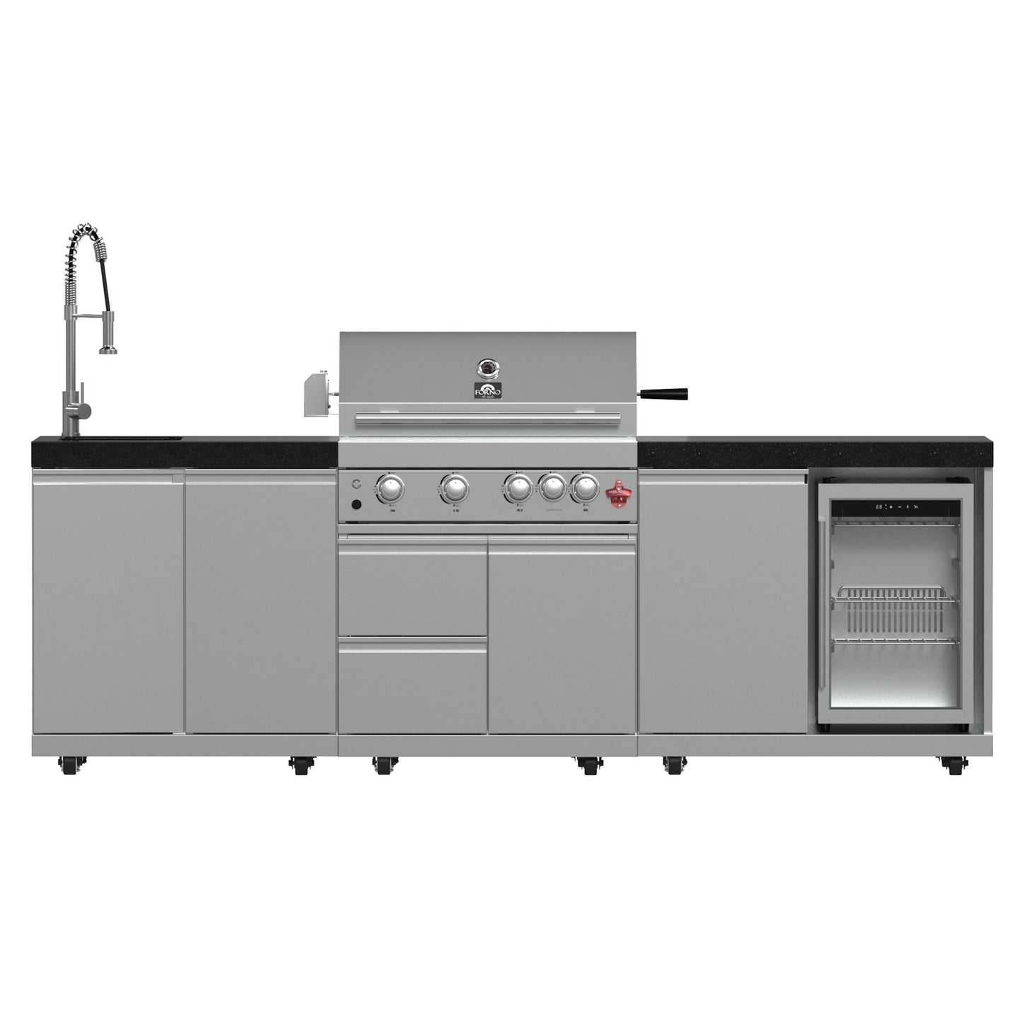 Barbacoa FORNO Bulnes de 76 cm, 60 000 BTU, 3 quemadores con quemadores infrarrojos para sellar y asar, cocina exterior de acero inoxidable con centro de bebidas de 547 ml y encimeras de granito negro.