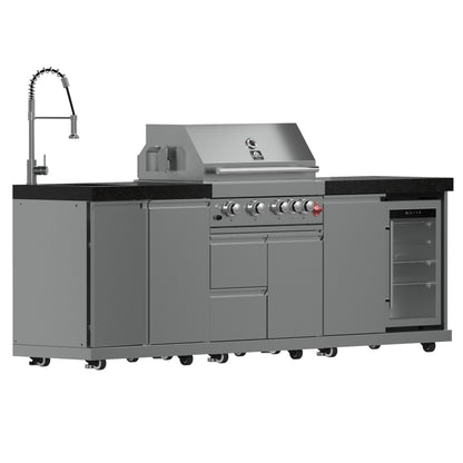 Barbacoa FORNO Bulnes de 76 cm, 60 000 BTU, 3 quemadores con quemadores infrarrojos para sellar y asar, cocina exterior de acero inoxidable con centro de bebidas de 547 ml y encimeras de granito negro.
