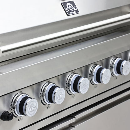 Barbacoa FORNO Bulnes de 40 pulgadas, 95,000 BTU, 5 quemadores, quemador infrarrojo para sellar y asar, cocina exterior de acero inoxidable con centro de bebidas de 1.8 pies cúbicos y encimeras de granito negro.