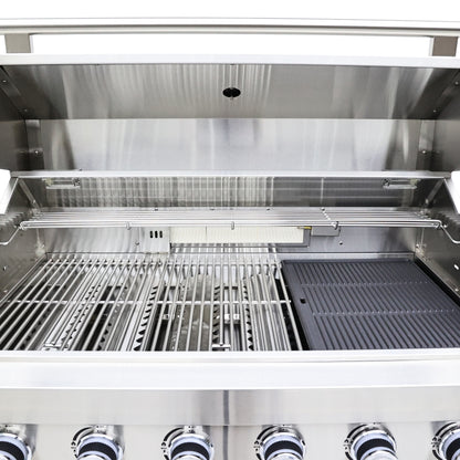 Barbacoa FORNO Bulnes de 40 pulgadas, 95,000 BTU, 5 quemadores, quemador infrarrojo para sellar y asar, cocina exterior de acero inoxidable con centro de bebidas de 1.8 pies cúbicos y encimeras de granito negro.