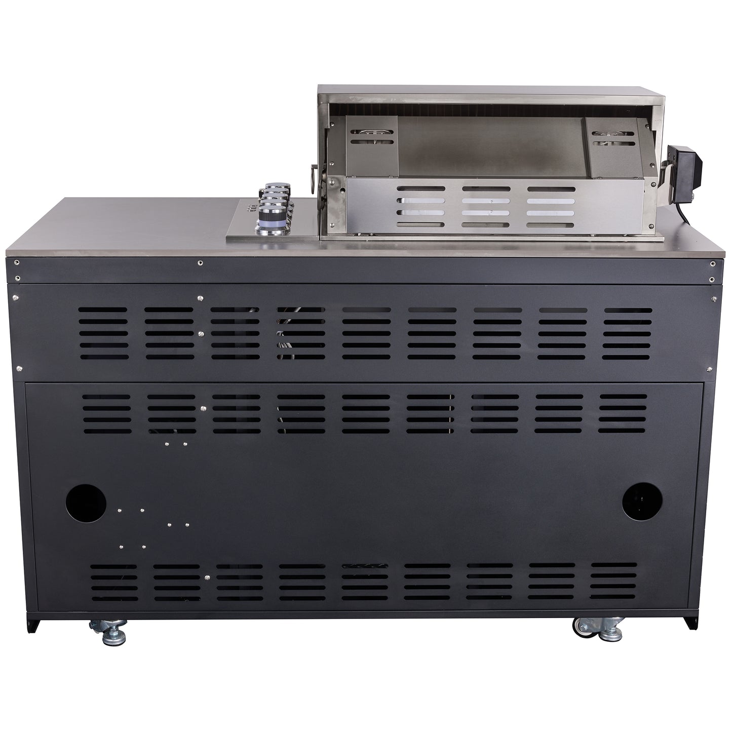 Cocina para exteriores Forno Rimini, barbacoa de 76 cm, 62 600 BTU, 3 quemadores con sellador y asador, centro de bebidas de 0,78 m³, fregadero de acero inoxidable, gabinetes negros y encimera de piedra sinterizada gris.