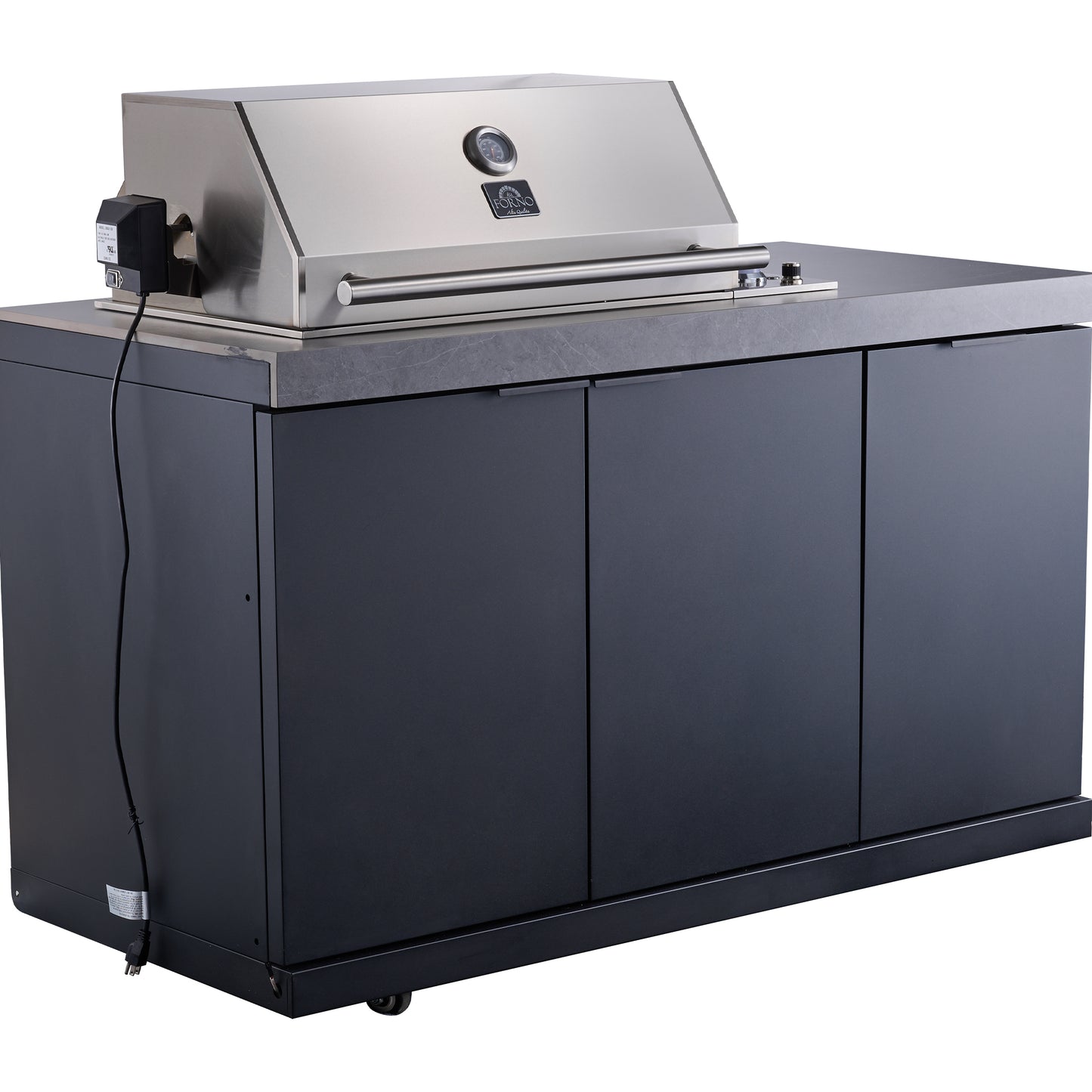 Cocina para exteriores Forno Rimini, barbacoa de 76 cm, 62 600 BTU, 3 quemadores con sellador y asador, centro de bebidas de 0,78 m³, fregadero de acero inoxidable, gabinetes negros y encimera de piedra sinterizada gris.