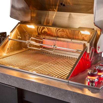 Cocina para exteriores Forno Rimini, barbacoa de 76 cm, 62 600 BTU, 3 quemadores con sellador y asador, centro de bebidas de 0,78 m³, fregadero de acero inoxidable, gabinetes negros y encimera de piedra sinterizada gris.