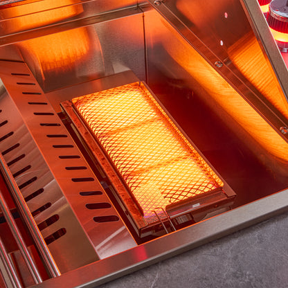 Cocina para exteriores Forno Rimini, barbacoa de 76 cm, 62 600 BTU, 3 quemadores con sellador y asador, centro de bebidas de 0,78 m³, fregadero de acero inoxidable, gabinetes negros y encimera de piedra sinterizada gris.