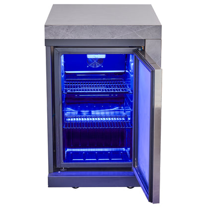 Cocina para exteriores Forno Rimini, barbacoa de 76 cm, 62 600 BTU, 3 quemadores con sellador y asador, centro de bebidas de 0,78 m³, fregadero de acero inoxidable, gabinetes negros y encimera de piedra sinterizada gris.