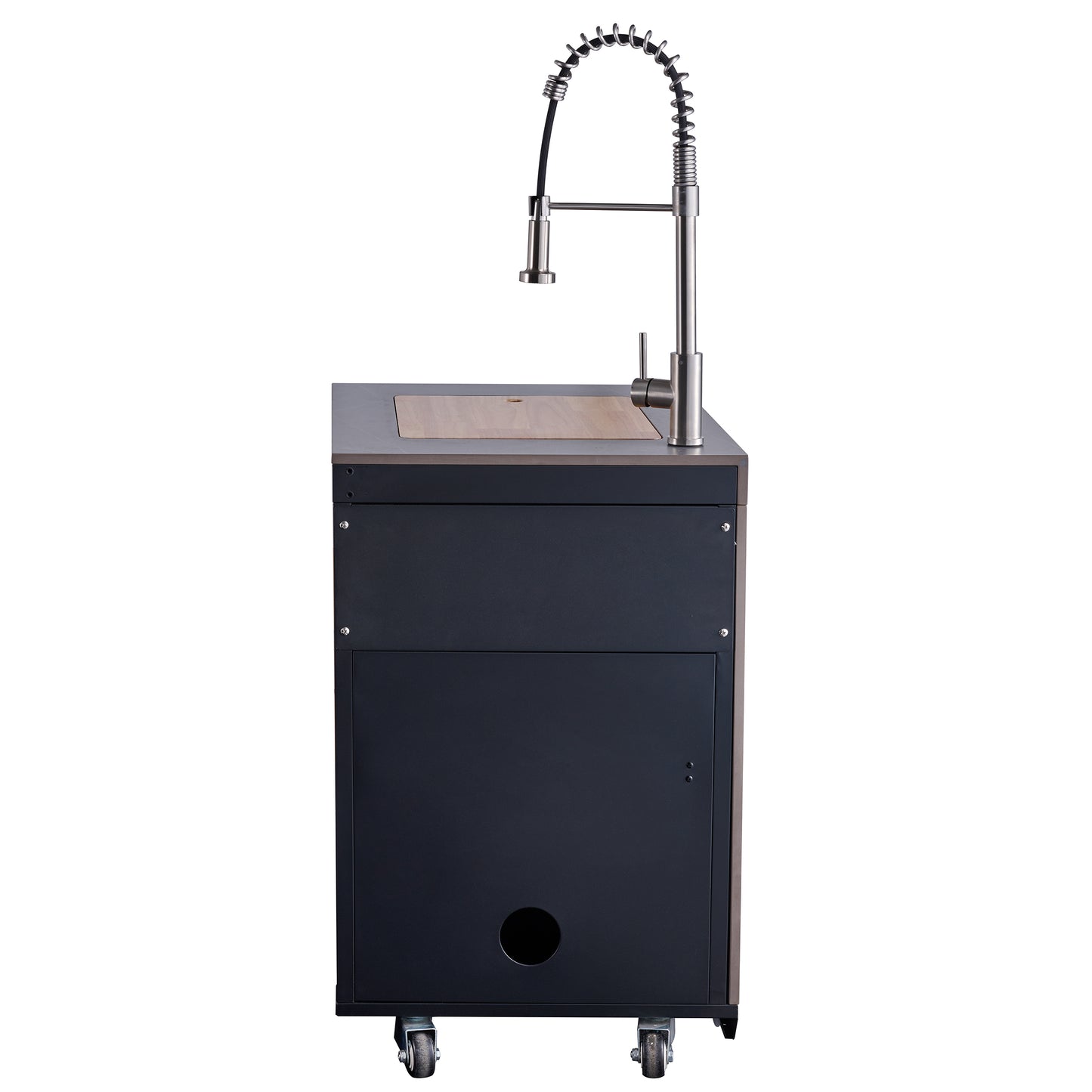 Cocina para exteriores Forno Rimini, barbacoa de 76 cm, 62 600 BTU, 3 quemadores con sellador y asador, centro de bebidas de 0,78 m³, fregadero de acero inoxidable, gabinetes negros y encimera de piedra sinterizada gris.