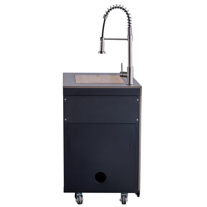 Cocina para exteriores Forno Rimini, barbacoa de 76 cm, 62 600 BTU, 3 quemadores con sellador y asador, centro de bebidas de 0,78 m³, fregadero de acero inoxidable, gabinetes negros y encimera de piedra sinterizada gris.