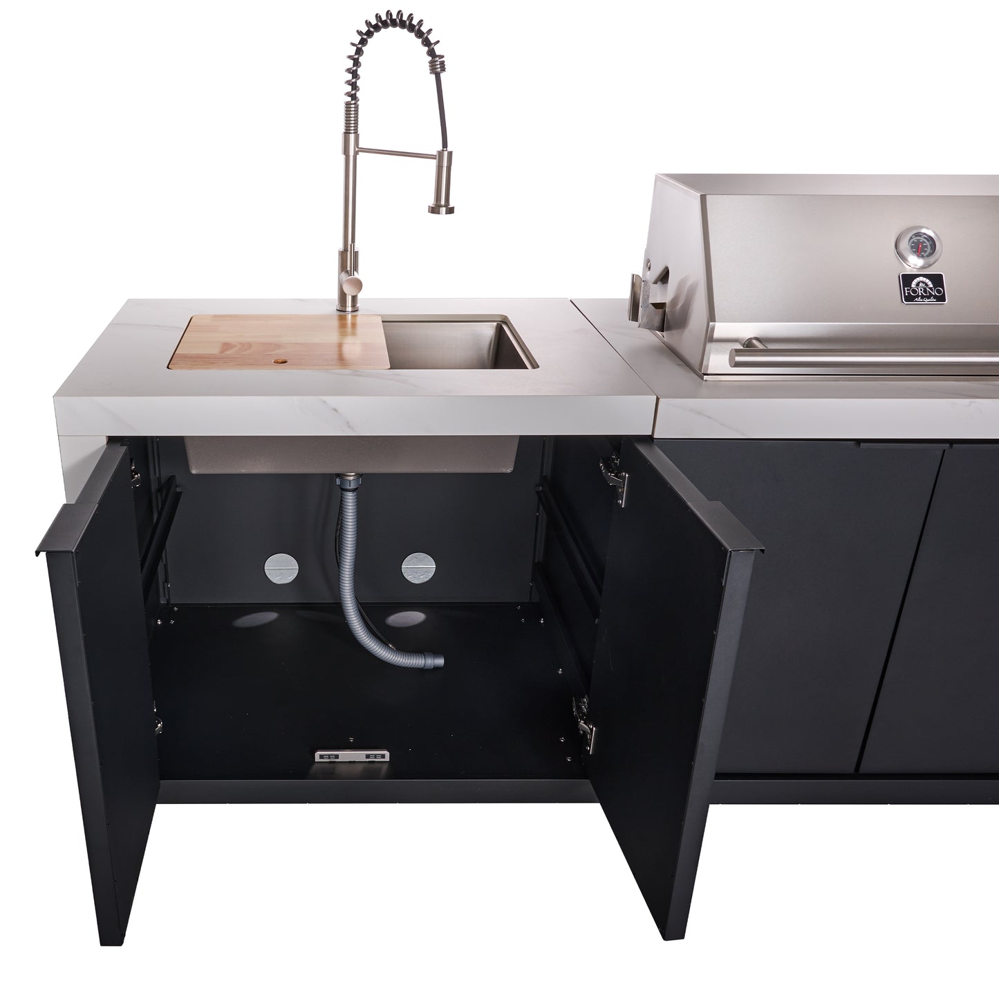 Cocina exterior Forno Rimini: barbacoa de 76 cm, 62 600 BTU, refrigerador de 1,4 m³, encimeras blancas