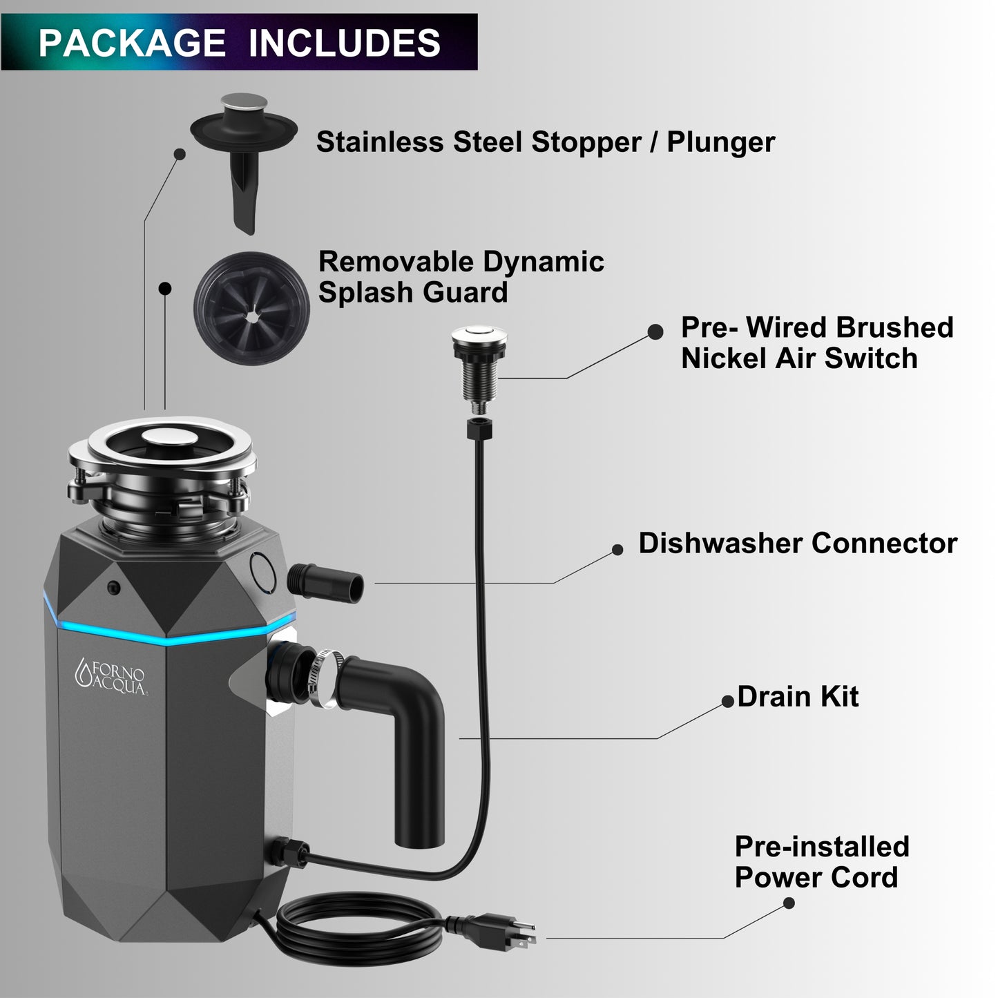 Triturador de basura ultra silencioso FORNO ACQUA BrightDIAMOND Black Onyx de 3/4 HP con cable, sensor de movimiento, luz de gabinete e interruptor de aire precableado