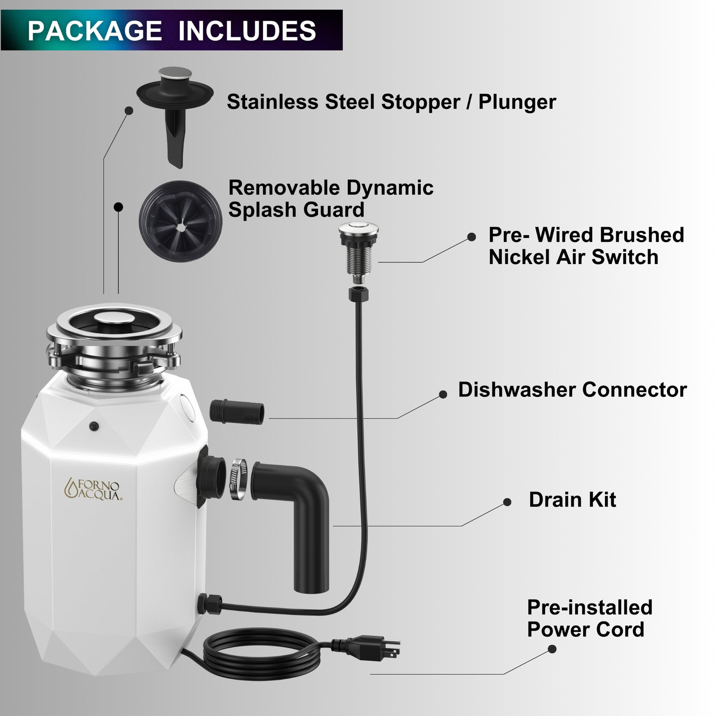 Triturador de basura ultra silencioso FORNO ACQUA BrightDIAMOND Moonstone de 3/4 HP con cable, sensor de movimiento, luz de gabinete e interruptor de aire precableado