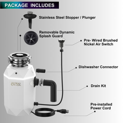 Triturador de basura ultra silencioso FORNO ACQUA BrightDIAMOND Moonstone de 3/4 HP con cable, sensor de movimiento, luz de gabinete e interruptor de aire precableado