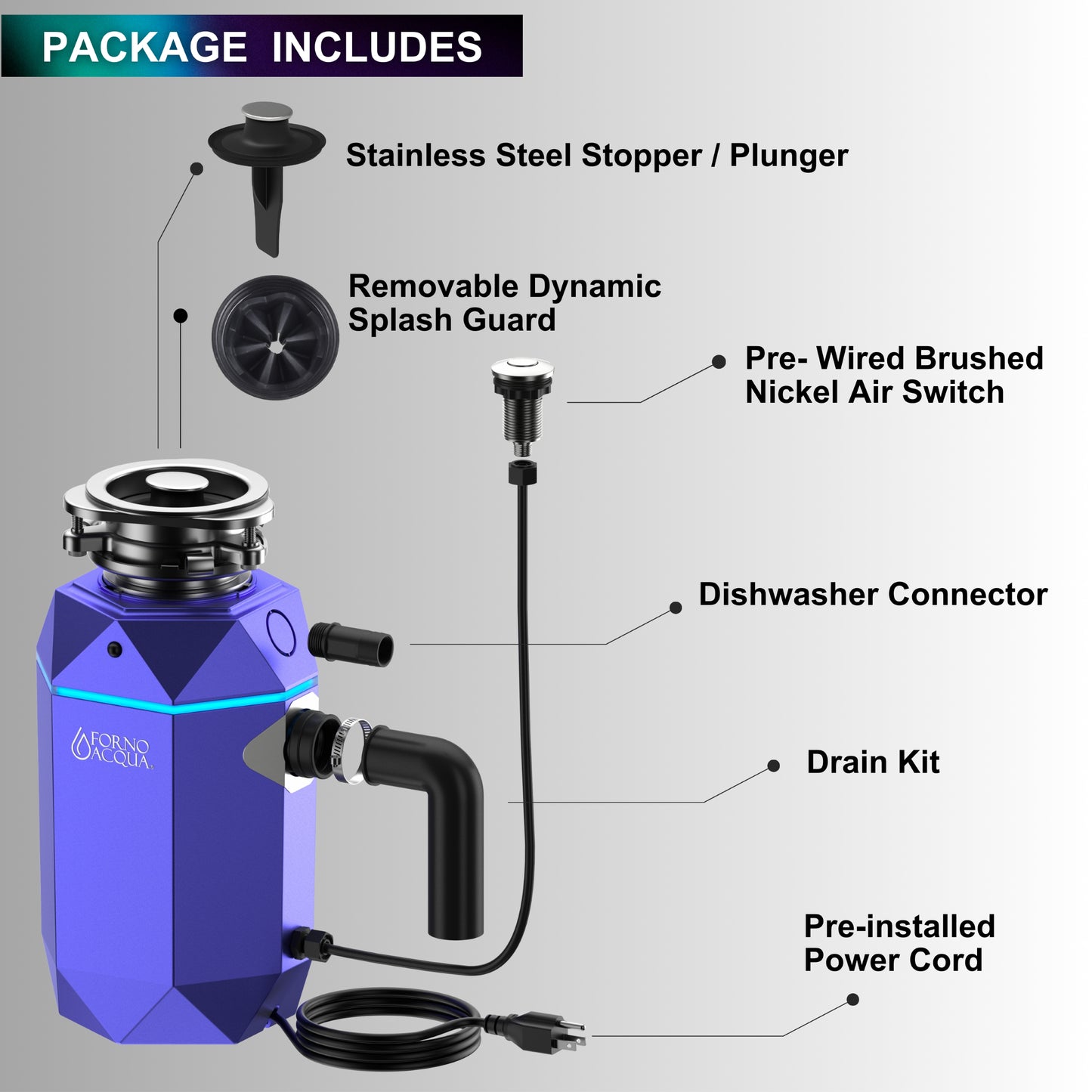 Triturador de basura ultra silencioso FORNO ACQUA BrightDIAMOND Amethyst de 3/4 HP con cable, sensor de movimiento, luz de gabinete e interruptor de aire precableado