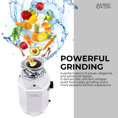 Triturador de basura ultra silencioso FORNO ACQUA BrightDIAMOND Moonstone de 3/4 HP con cable, sensor de movimiento, luz de gabinete e interruptor de aire precableado