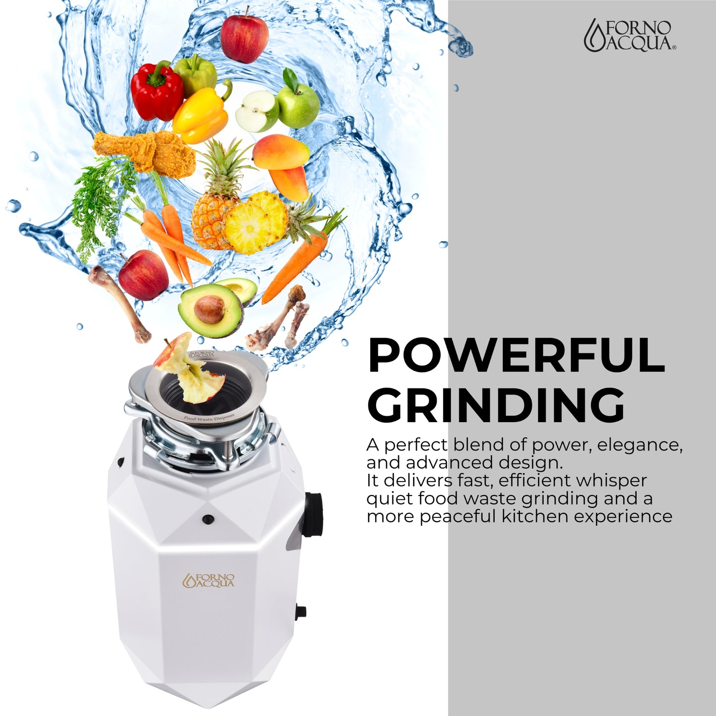 Triturador de basura ultra silencioso FORNO ACQUA BrightDIAMOND Moonstone de 1 HP con cable, sensor de movimiento, luz de gabinete e interruptor de aire precableado