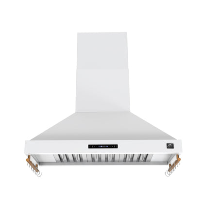 Forno Venezia 48 Inch Wall-Mounted Range Hood in White with Antique Brass Accessories, Touch Controls and Baffle Filters