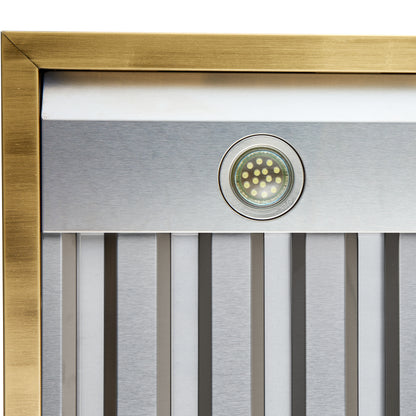 Campana extractora de pared Forno Vittorio de 36 pulgadas, blanca con detalles de latón antiguo, flujo de aire de 600 CFM, filtros deflectores aptos para lavavajillas, control remoto, ventilador de 3 velocidades, iluminación LED brillante.