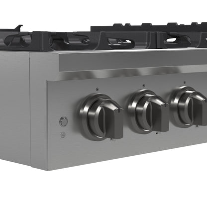 Estufa a gas Forno Spezia Alta Qualita de 36 pulgadas, estilo profesional, de acero inoxidable, con 6 quemadores sellados, rejillas continuas de hierro fundido y alta potencia térmica.