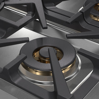 Estufa a gas Forno Spezia Alta Qualita de 36 pulgadas, estilo profesional, de acero inoxidable, con 6 quemadores sellados, rejillas continuas de hierro fundido y alta potencia térmica.