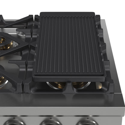 Estufa a gas Forno Spezia Alta Qualita de 36 pulgadas, estilo profesional, de acero inoxidable, con 6 quemadores sellados, rejillas continuas de hierro fundido y alta potencia térmica.