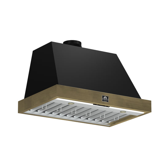 Hotte de cuisinière murale Forno Vittorio de 36 pouces, noire avec garniture en laiton antique, débit d'air de 600 pi³/min, filtres à chicane lavables au lave-vaisselle, télécommande, ventilateur à 3 vitesses, éclairage LED brillant.