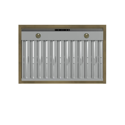 Campana extractora de pared Forno Vittorio de 36 pulgadas, blanca con detalles de latón antiguo, flujo de aire de 600 CFM, filtros deflectores aptos para lavavajillas, control remoto, ventilador de 3 velocidades, iluminación LED brillante.