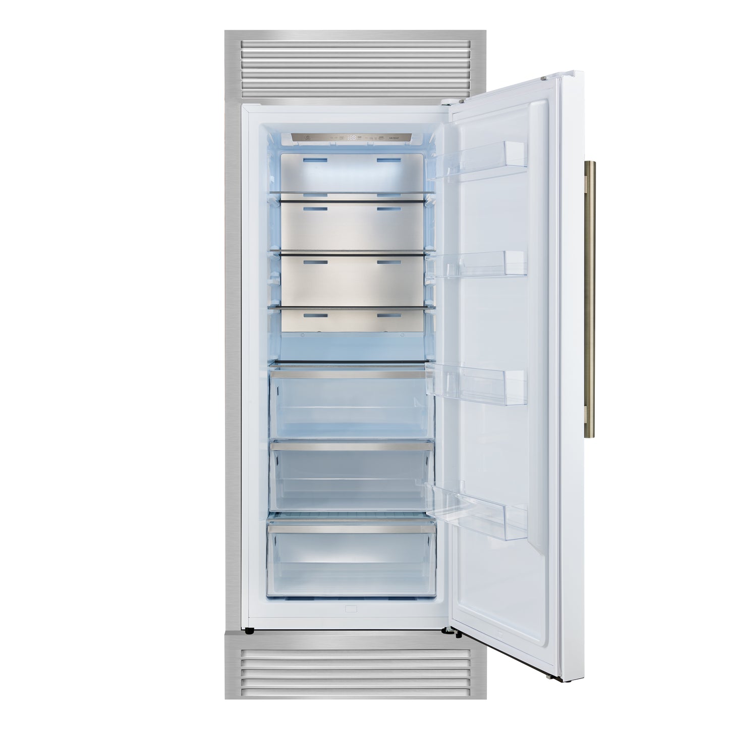 Refrigerador convertible empotrado Forno Maderno de 28 pulgadas en blanco con manija de latón antiguo, 13.6 pies cúbicos, apertura a la derecha con borde decorativo, 32 pulgadas de ancho