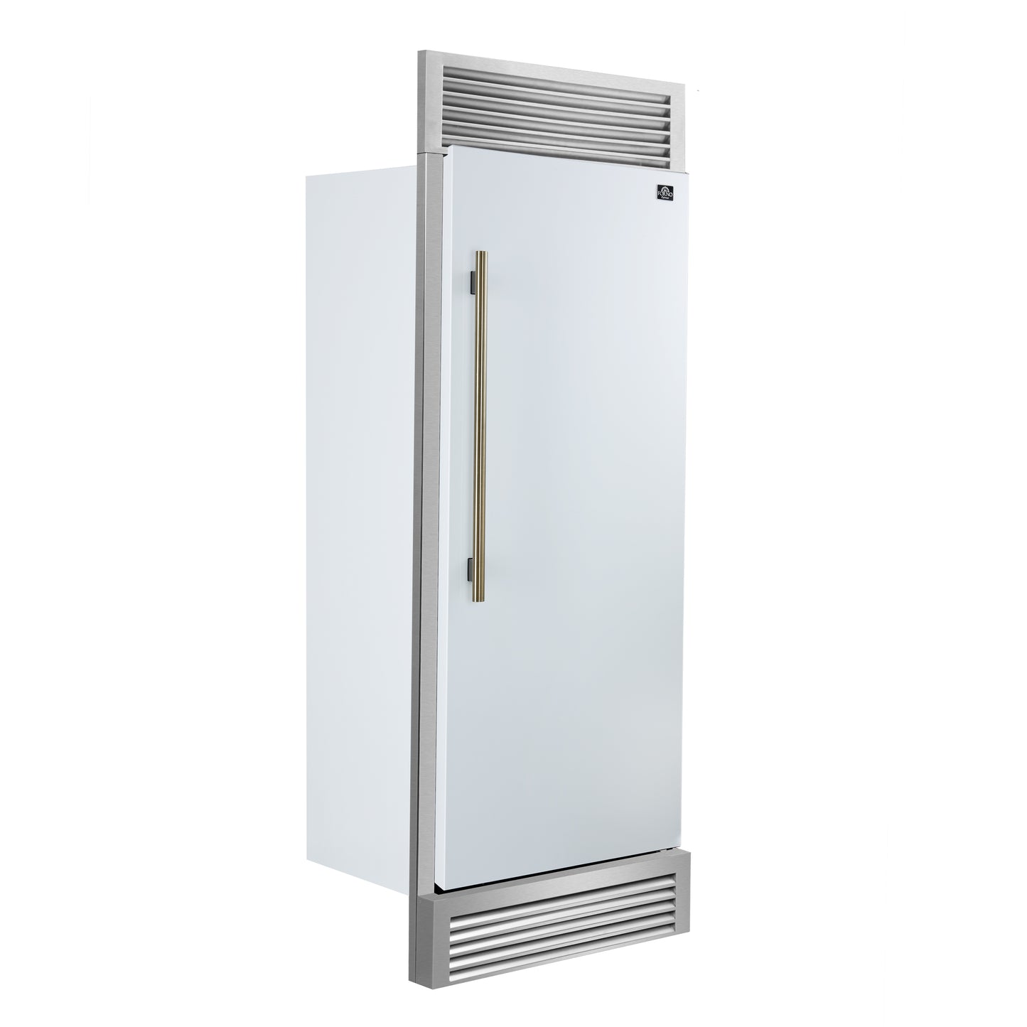 Refrigerador convertible empotrado Forno Maderno de 28 pulgadas en blanco con manija de latón antiguo, 13.6 pies cúbicos, apertura a la derecha con borde decorativo, 32 pulgadas de ancho