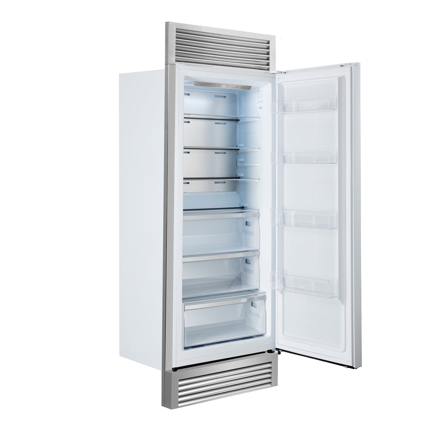 Refrigerador convertible empotrado Forno Maderno de 28 pulgadas en blanco con manija de latón antiguo, 13.6 pies cúbicos, apertura a la derecha con borde decorativo, 32 pulgadas de ancho